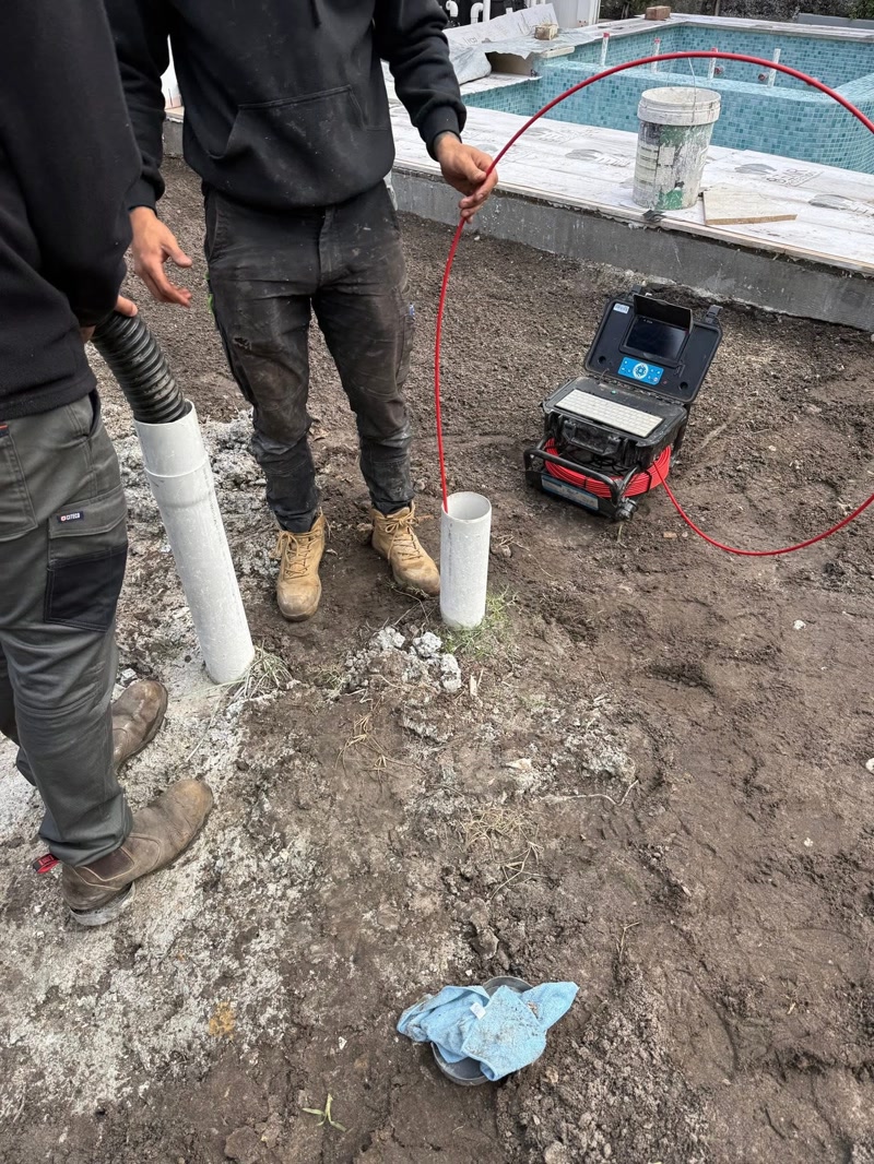 Workers checking exposed service openings in compacted ground