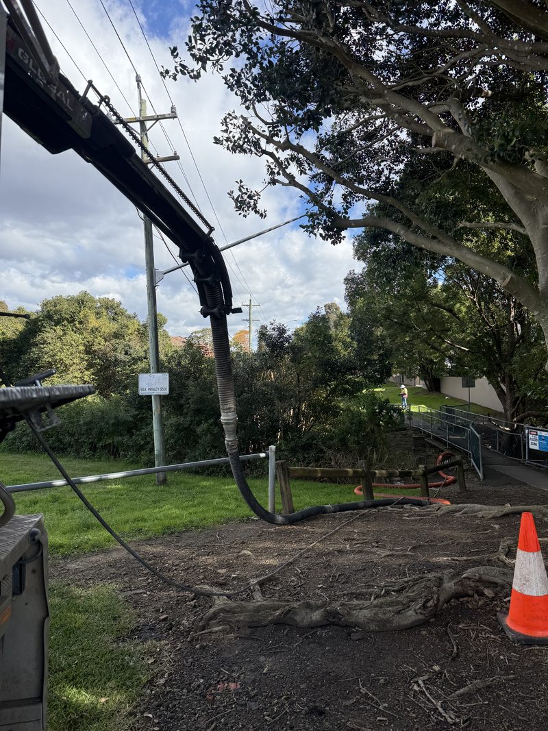 Vacuum truck boom extended across a grassed reserve with the suction hose reaching exposed tree roots